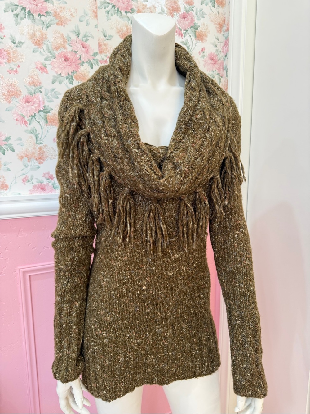 Anthropologie Olive Brown Fringe Cowl-Neck Sweater